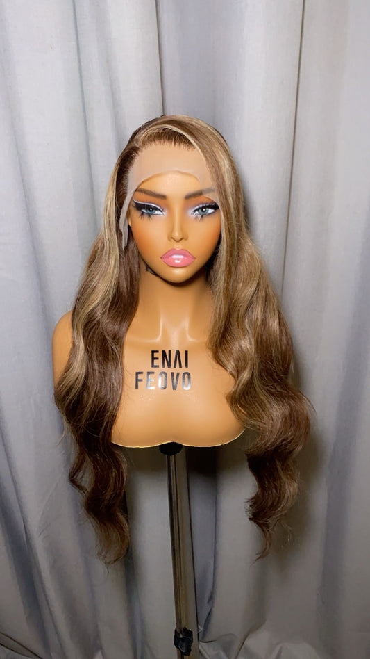 Brown highlighted human hair unit